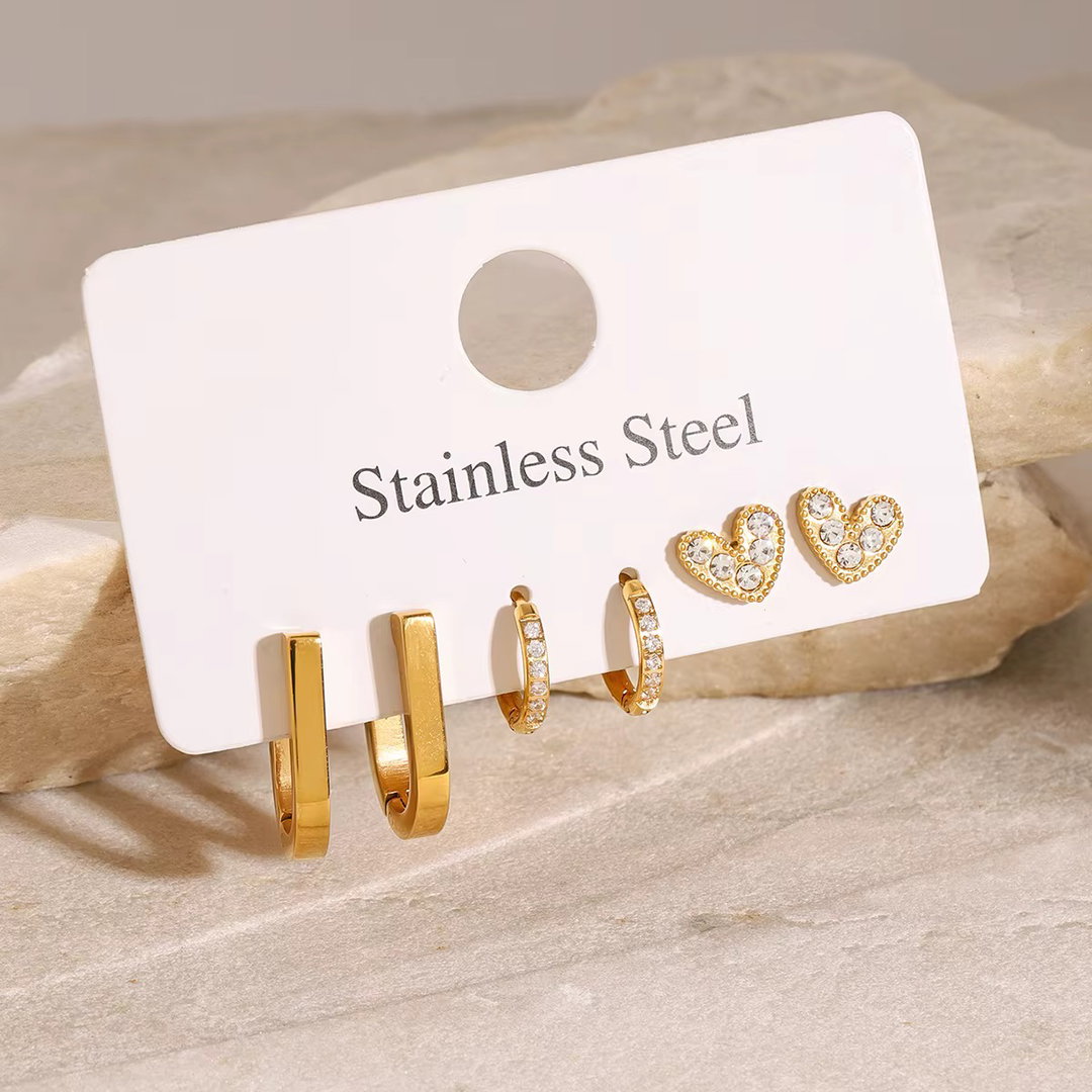 18K Gold Heart Zircon Ear Clip Set