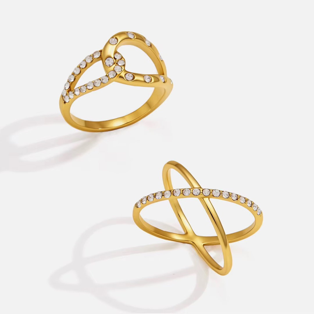 18K Gold X Crossover Rhinestone Ring