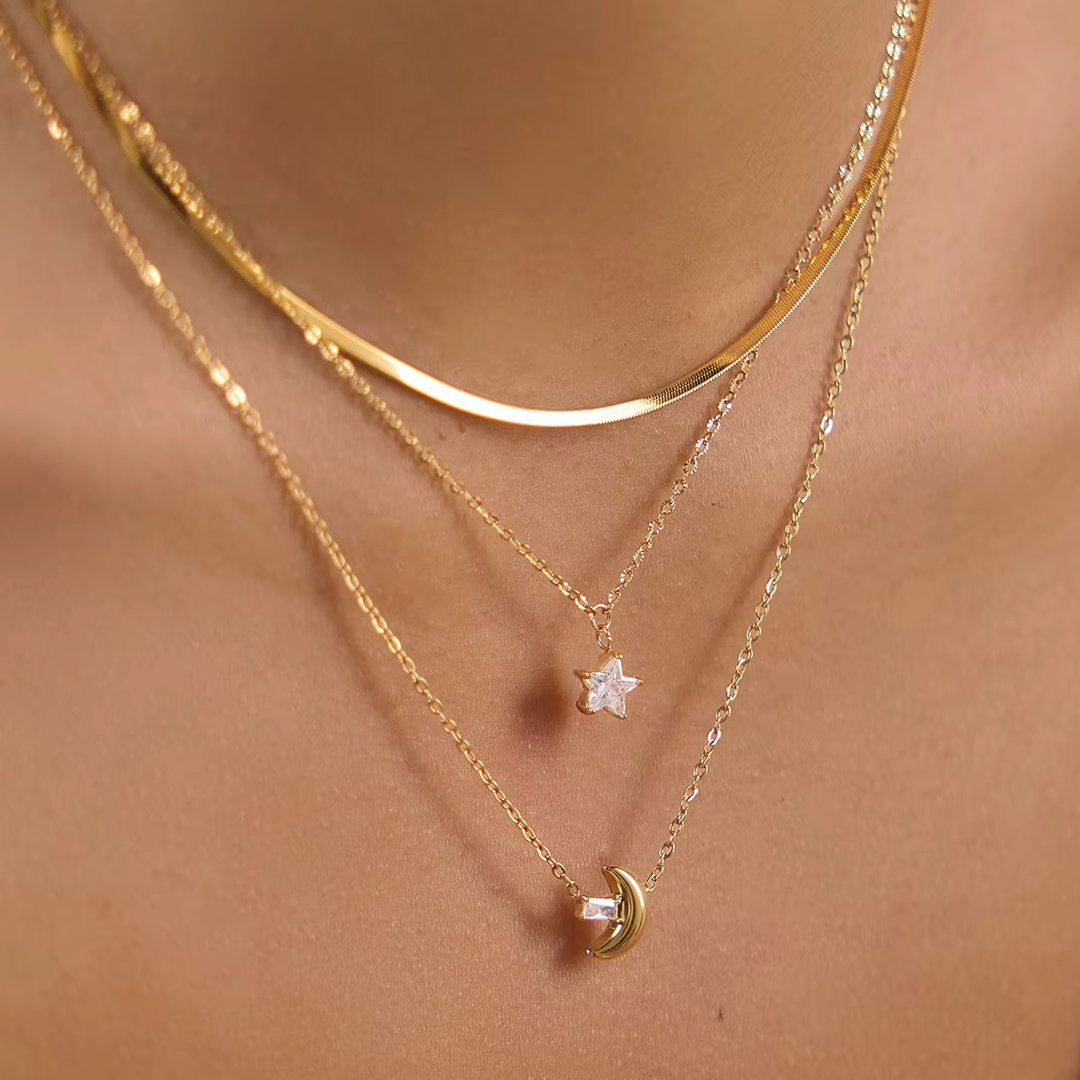 18K Gold Star Moon Triple Layer Necklace