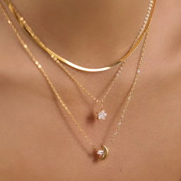 18K Gold Star Moon Triple Layer Necklace