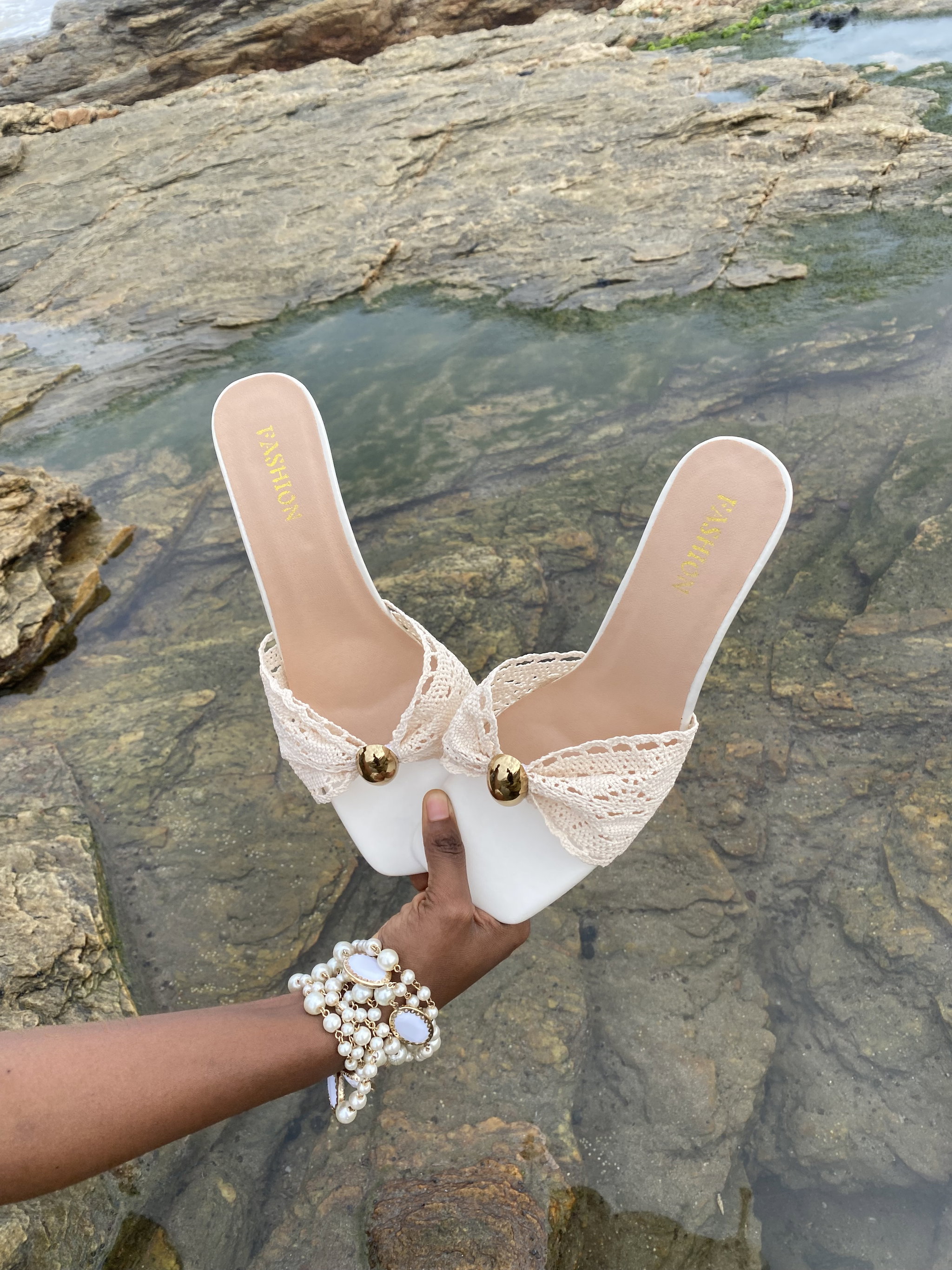 Gold Buckle_Beige Crochet Strap Sandal Heel- [Size 42]_0