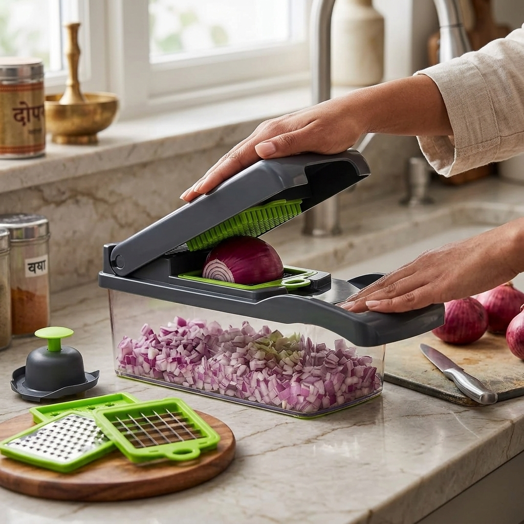16-In-1 Multifunctional Vegetable Chopper & Slicer with Colander Basket and Storage Container – Heavy Duty Manual Food Cutter & Dicer_2