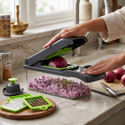 16-In-1 Multifunctional Vegetable Chopper & Slicer with Colander Basket and Storage Container – Heavy Duty Manual Food Cutter & Dicer