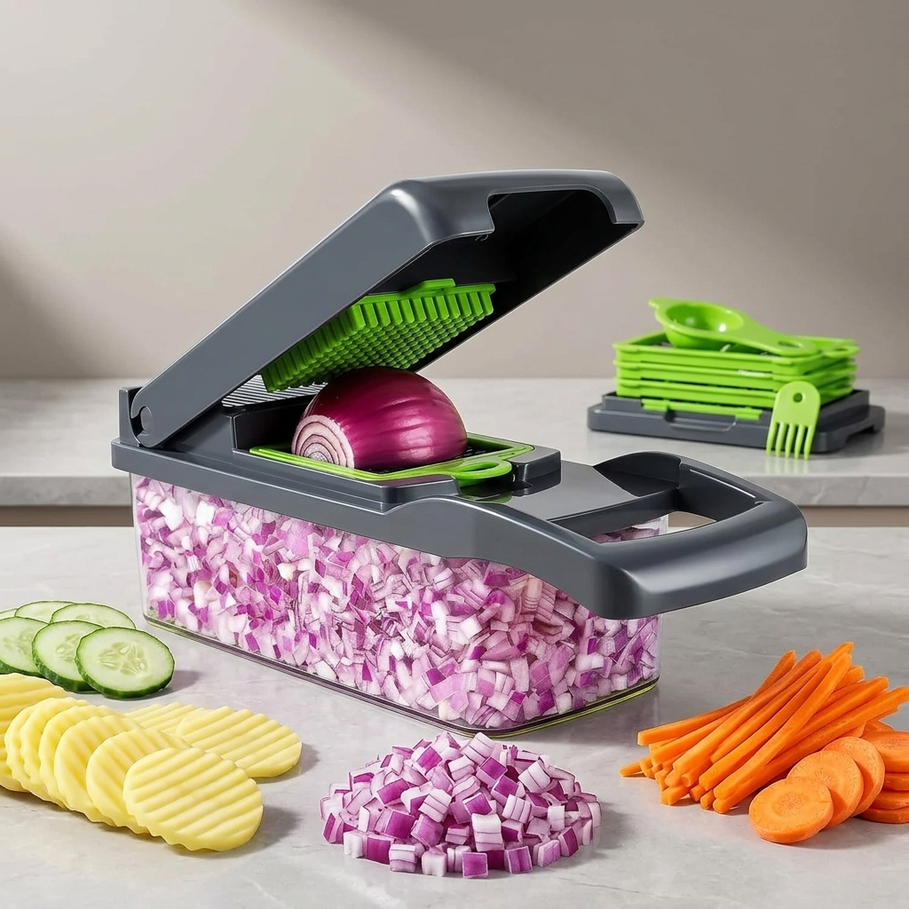 16-In-1 Multifunctional Vegetable Chopper & Slicer with Colander Basket and Storage Container – Heavy Duty Manual Food Cutter & Dicer