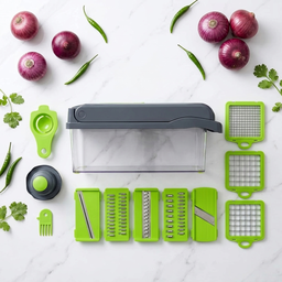 16-In-1 Multifunctional Vegetable Chopper & Slicer with Colander Basket and Storage Container – Heavy Duty Manual Food Cutter & Dicer