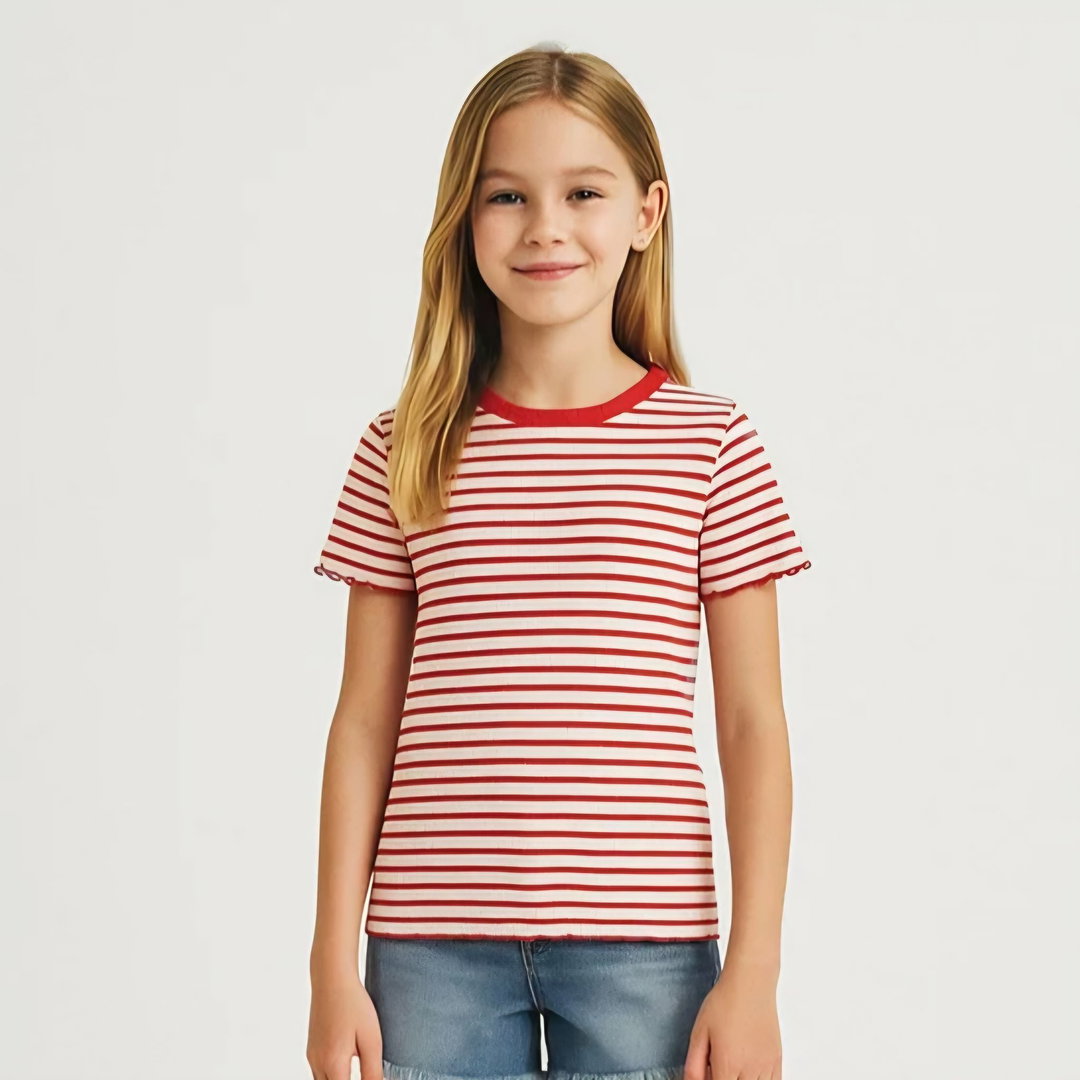 Minoti Girls T-Shirt | Ribbed | Red Striped