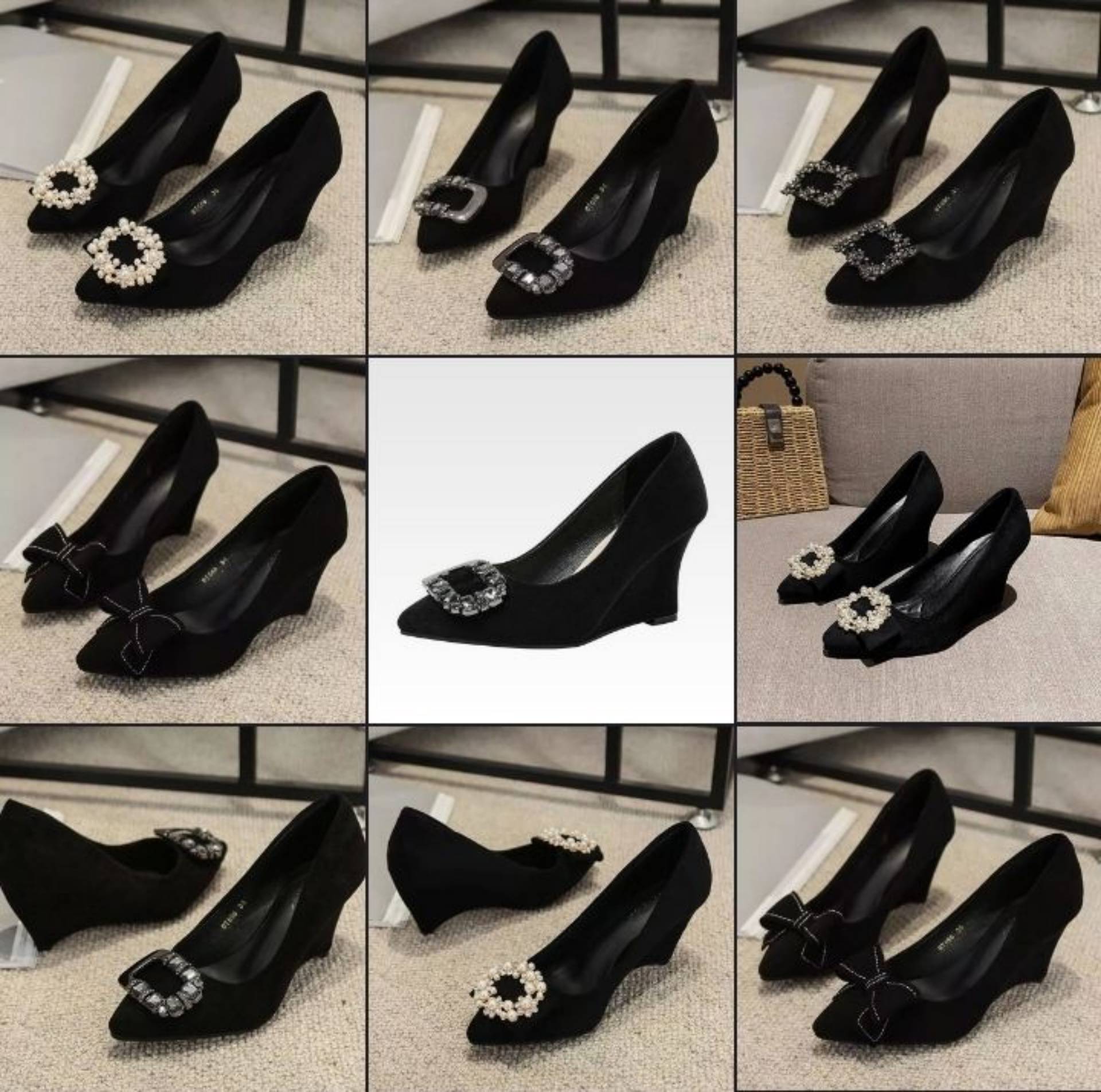 Wedge Fashion Shoes for Women 2025 Spring New Fashion Rhinestone Pointed Toe Shallow Mouth Soft Sole Non-Tiring High Heels for Women_0