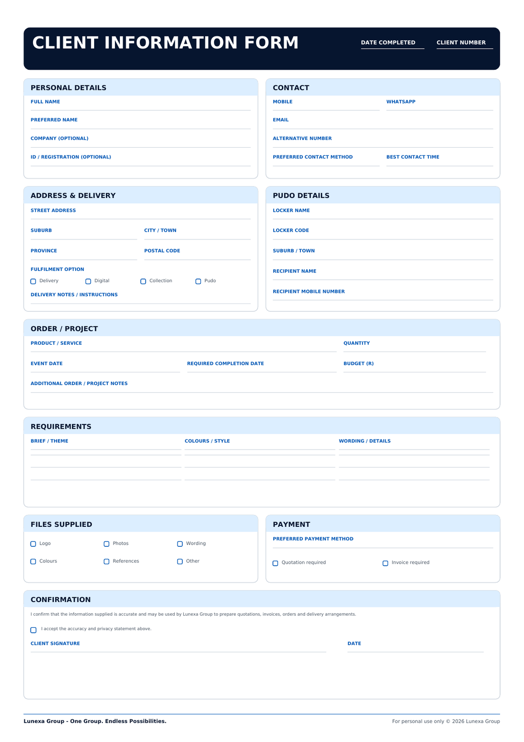 Printable Client Information Form