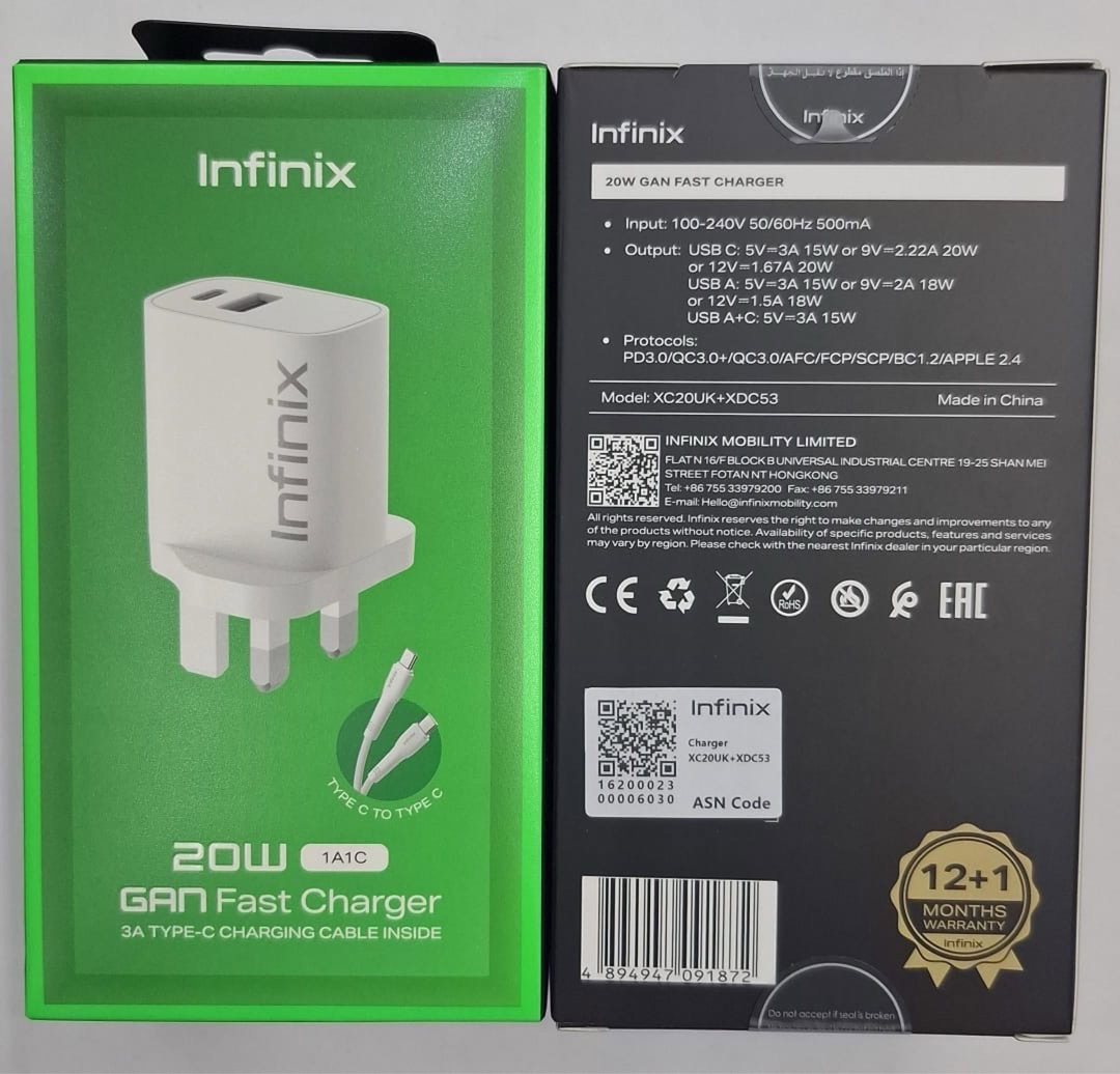 20W Infinix fast charger Type C to C cable