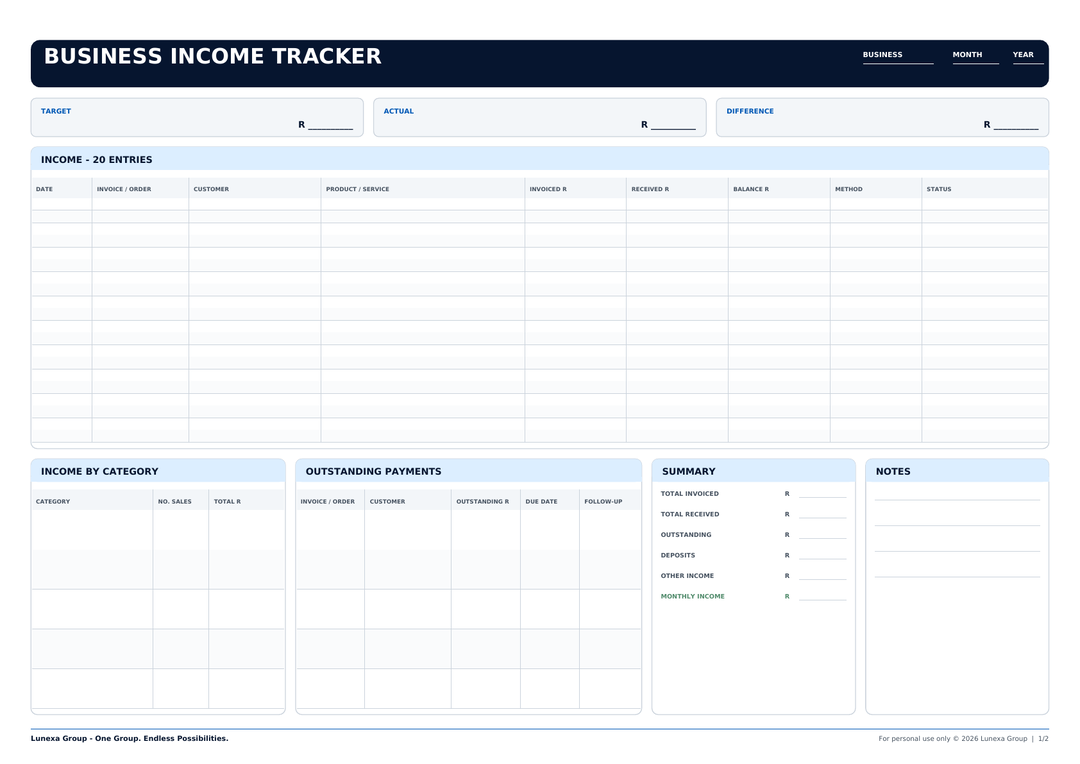 Monthly Business Income & Expense Tracker