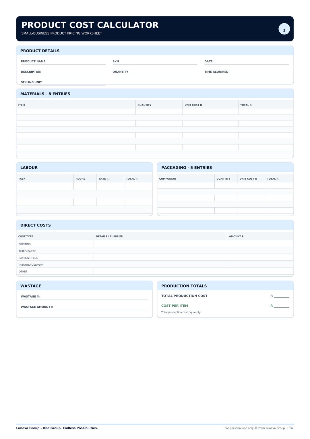 Small-Business Product Pricing Worksheet