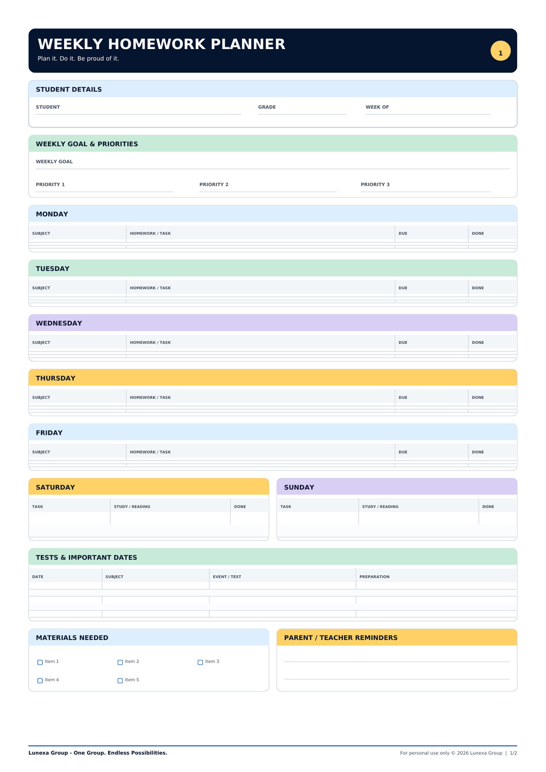 Student Homework Planner