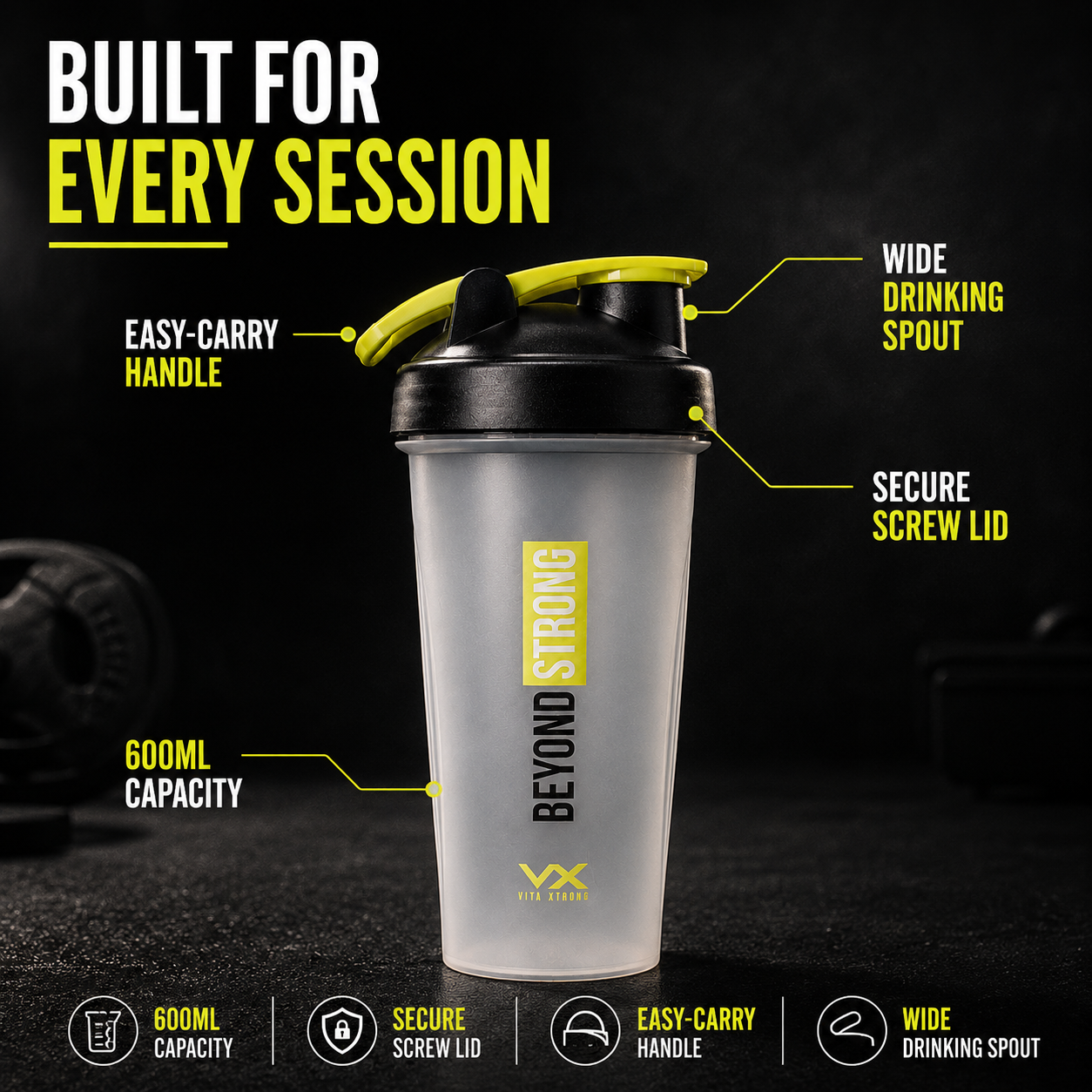VITAXTRONG™ BEYOND STRONG Shaker Bottle 600ml | BPA Free Protein Shaker • Leakproof • Easy Clean | Gym & Supplement [VX]_1