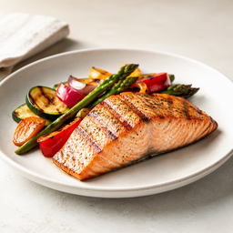 Salmon grillado con verduras asadas