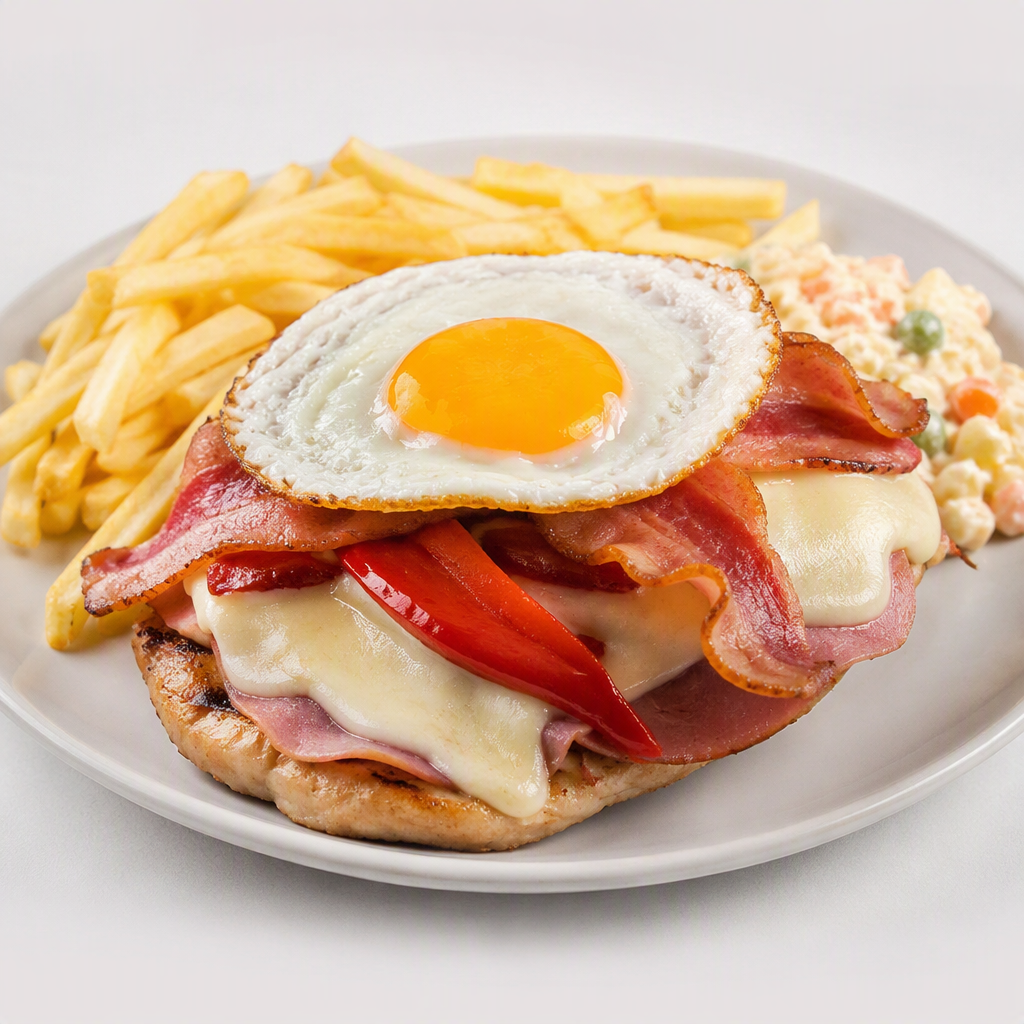 Chivito al plato con rusa y mixta
