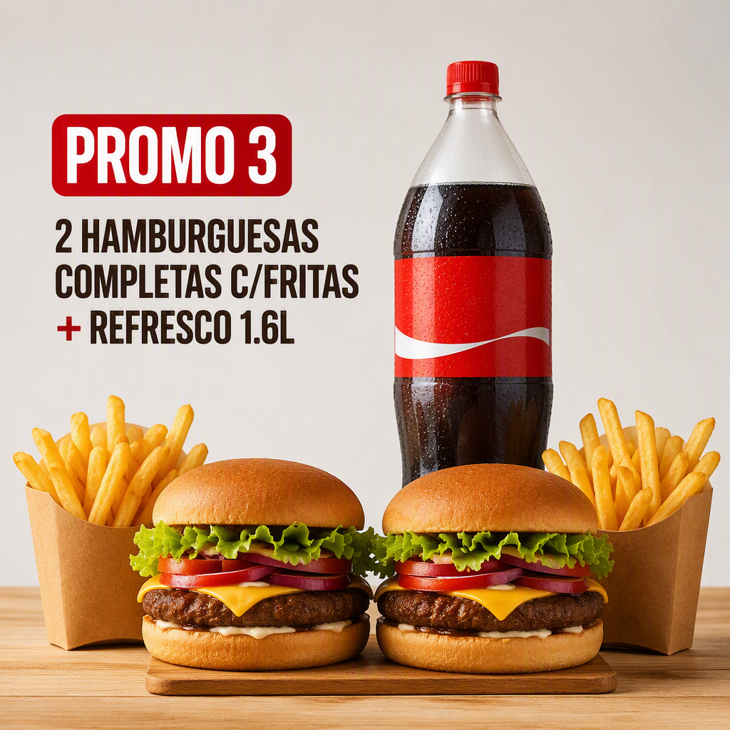 Promo 3 - 2 hamburguesas completas c/fritas + refresco 1.6L