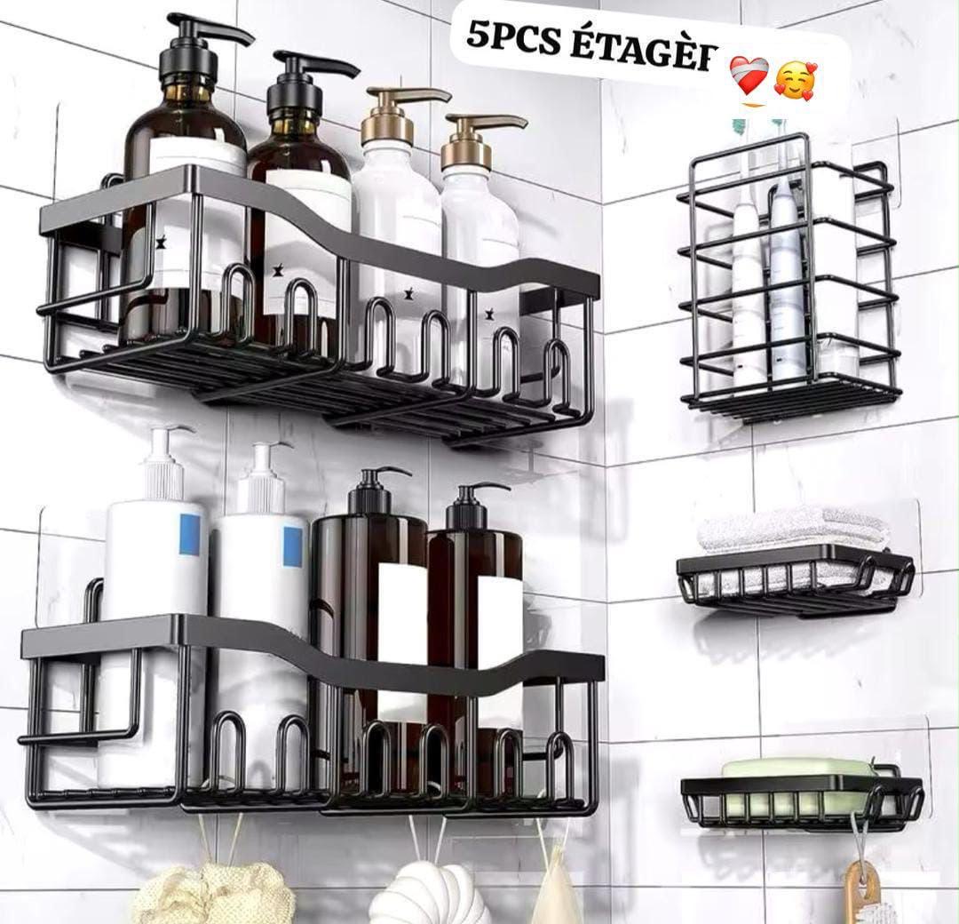 Ensemble de 5 Étagères de Douche Noires - Rangement de Salle de Bain Design et Pratique