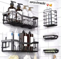 Ensemble de 5 Étagères de Douche Noires - Rangement de Salle de Bain Design et Pratique