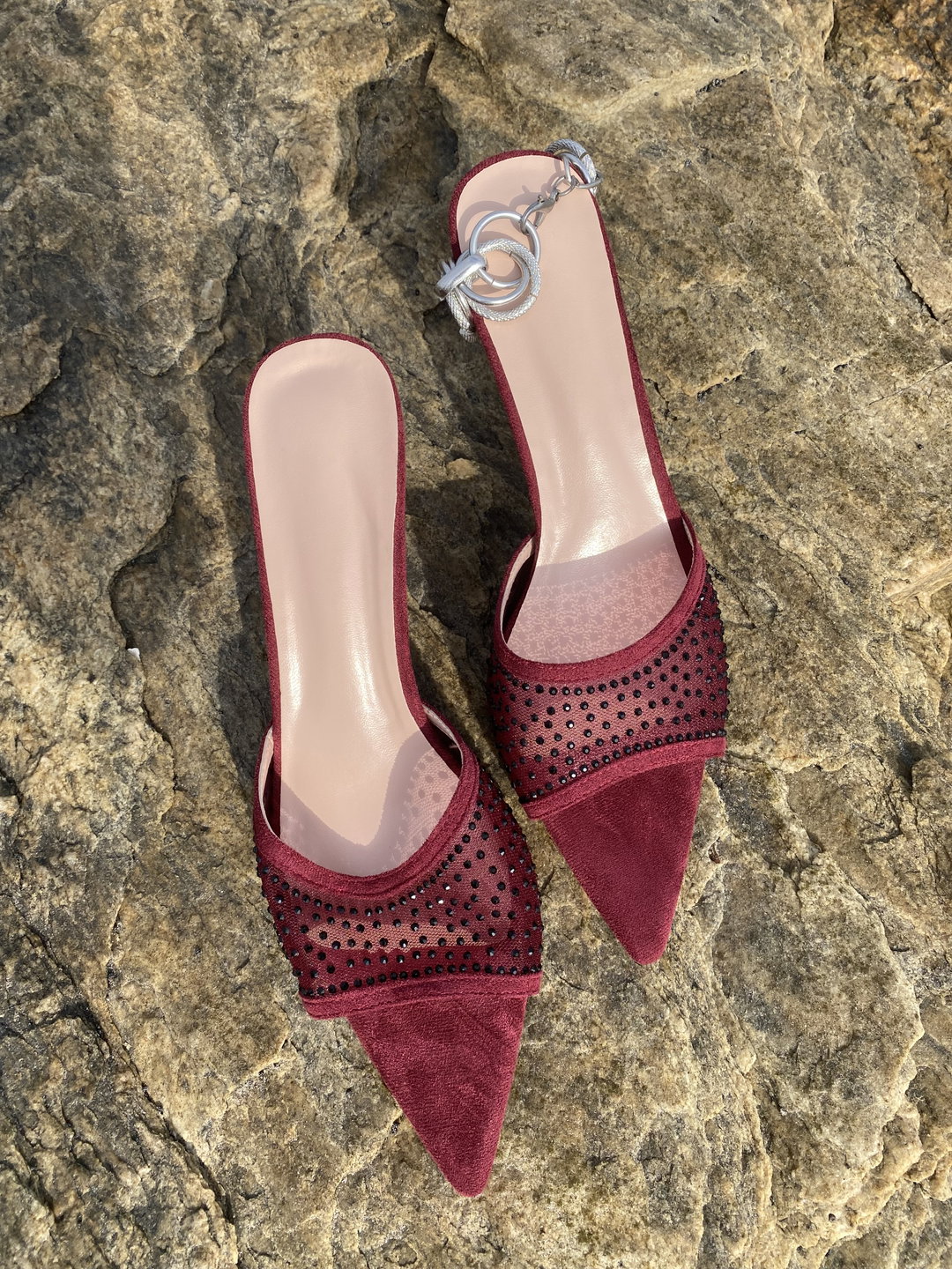 Gianvito Rossi Rania-Burgundy Crystal-Embellished Mesh Mules [Size42]