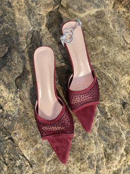Gianvito Rossi Rania-Burgundy Crystal-Embellished Mesh Mules [Size42]