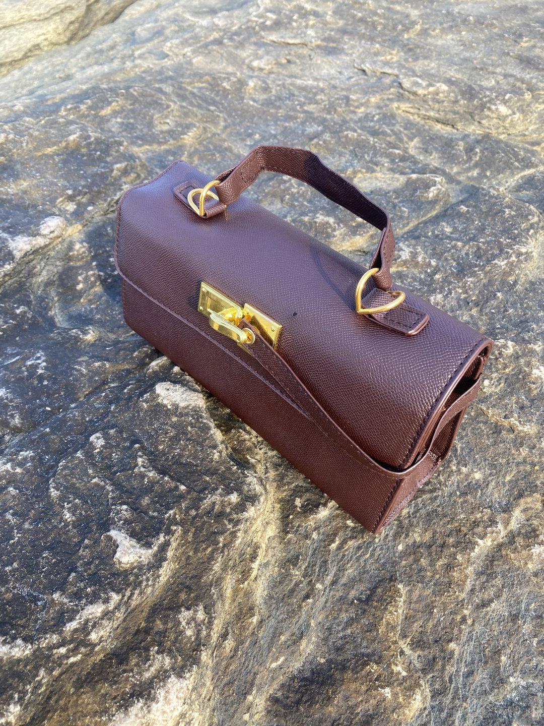 Rectangular Burgundy Top-Handle Bag With Gold-Tone Hardware