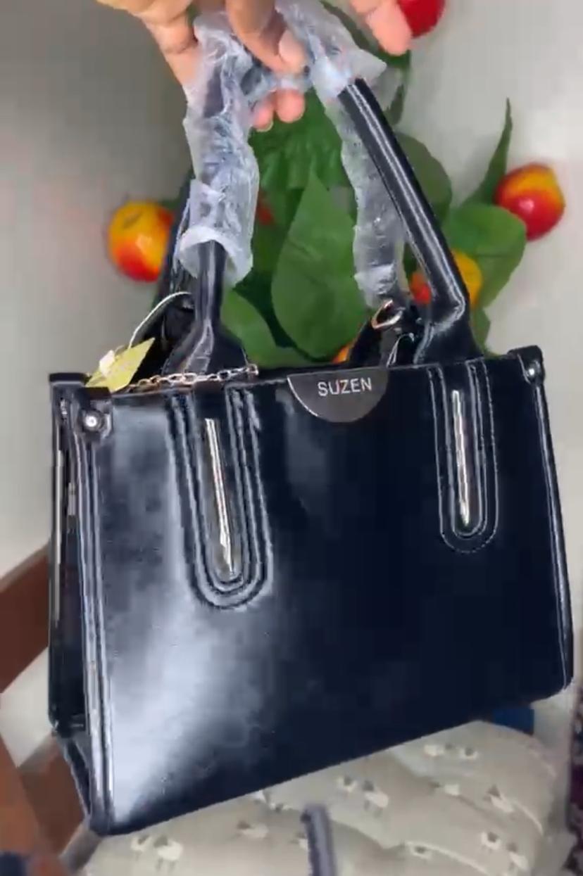 Structured Patent Handbag with Silver Trim