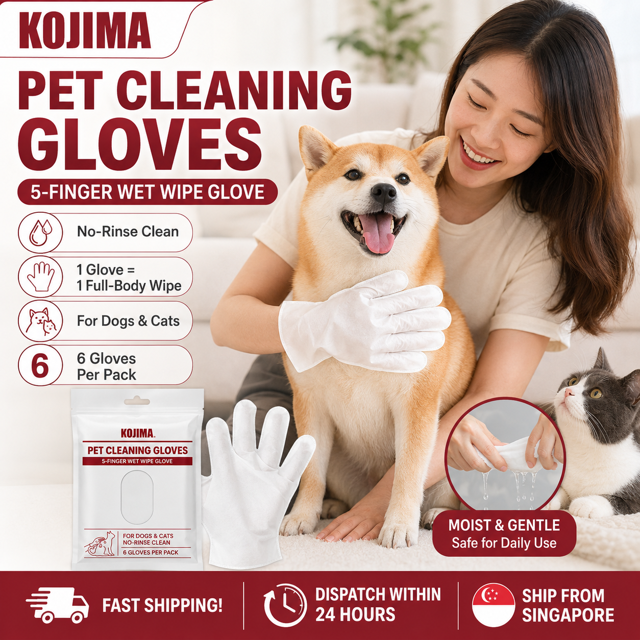 KOJIMA Pet Cleaning Glove Wet Wipes 6pcs_0