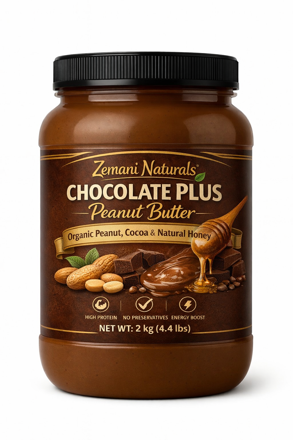 Zemani Naturals Chocolate Plus Peanut Butter (2 kg / 4.4 lbs) – Organic Peanut, Rich Cocoa & Natural Honey 