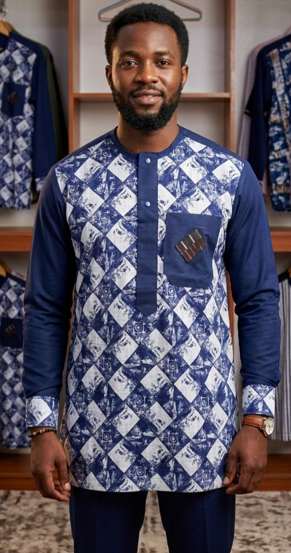 Tunique « Bleu Indigo & Damier Arlequin » TAMK010