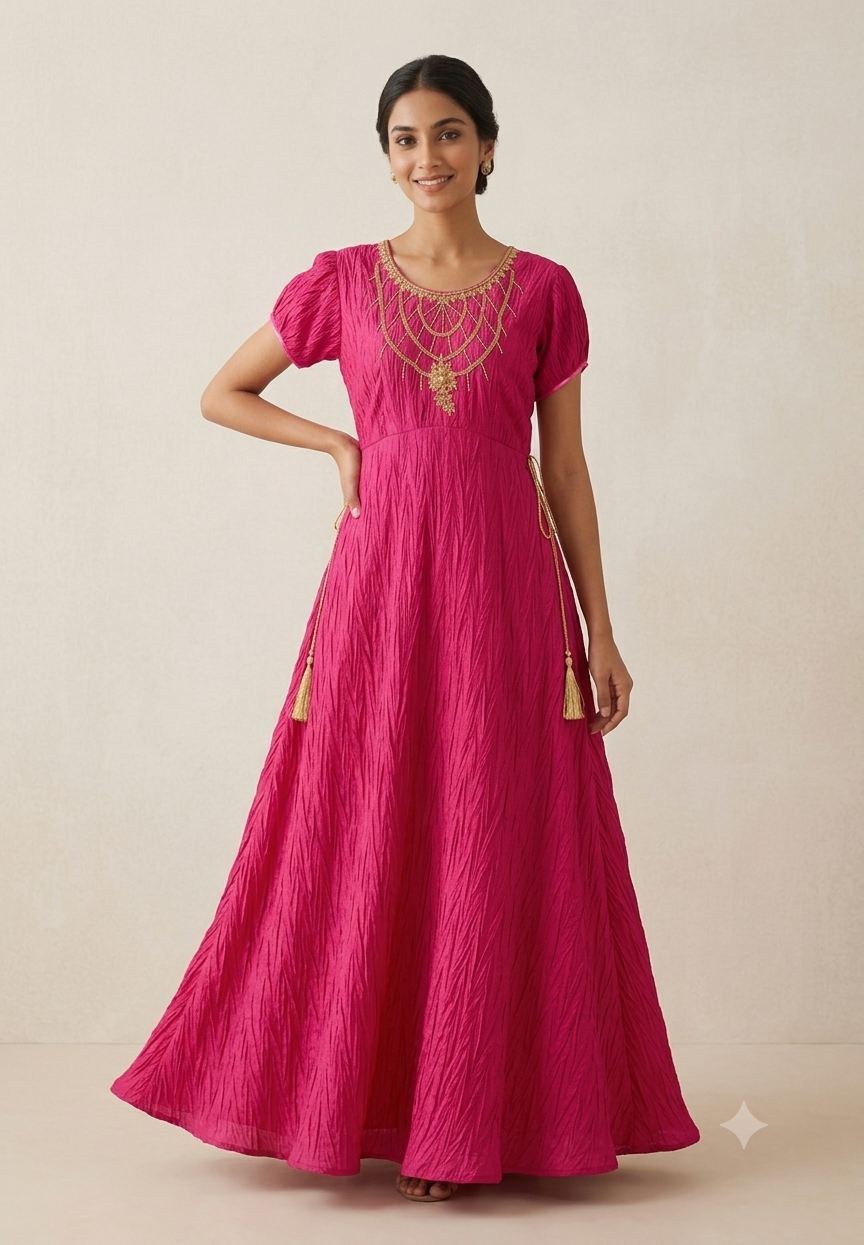  Elegant Pink Crinkle Maxi with Handmade Embroidery_0