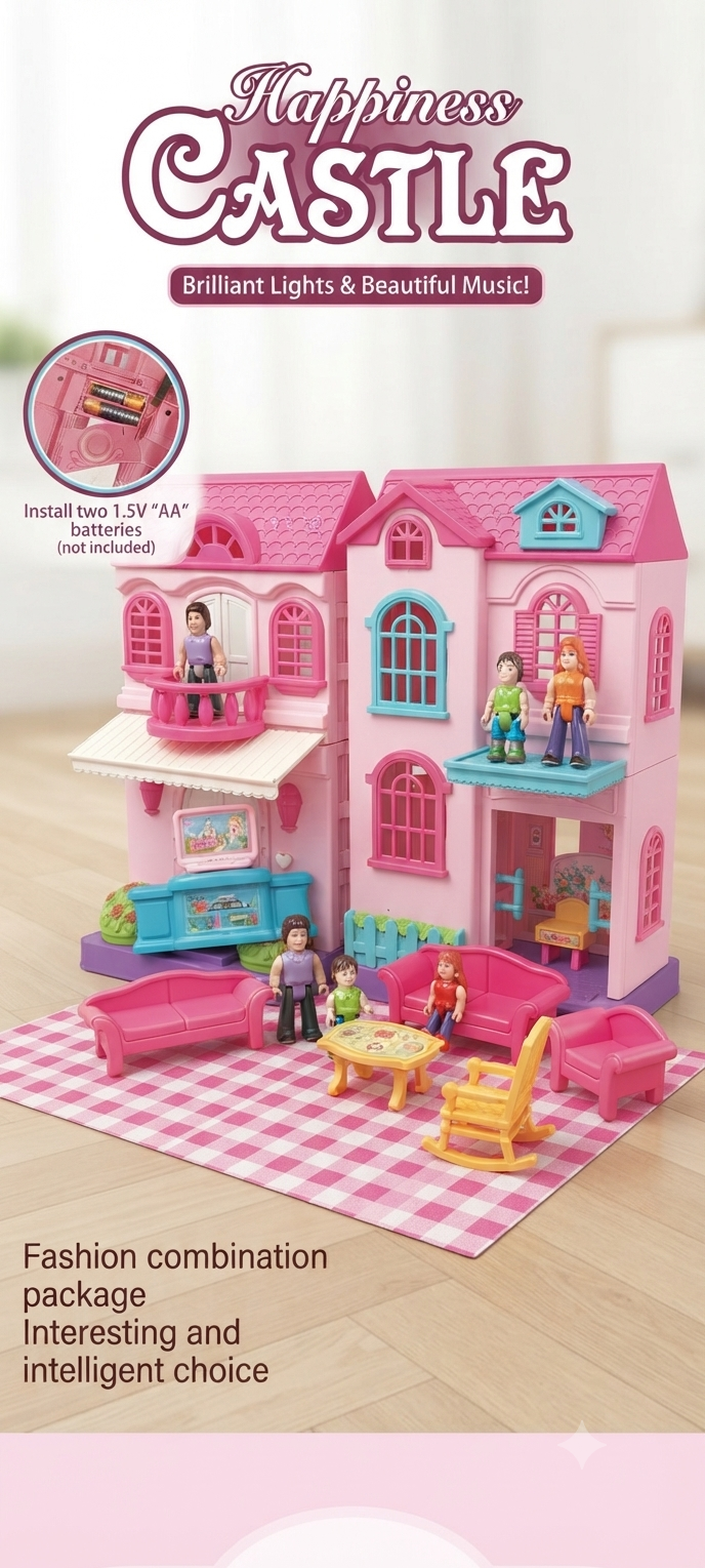 🌸 Happiness Castle Dollhouse Playset for Kids (With Lights & Music!) 🌸