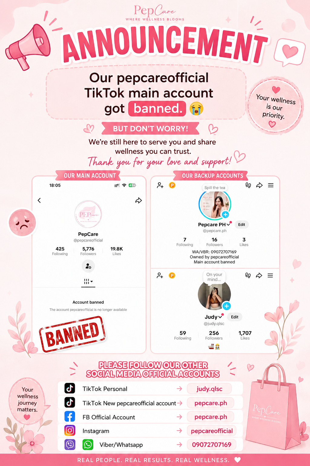 Our PepCareOfficial TikTok with almost 6K followers got BANNED 😭  We’re starting over, but we’re not going anywhere! 🫶🏻  Please follow our other official accounts so we can stay connected. Thank you for sticking with PepCare! 🥹💗_0