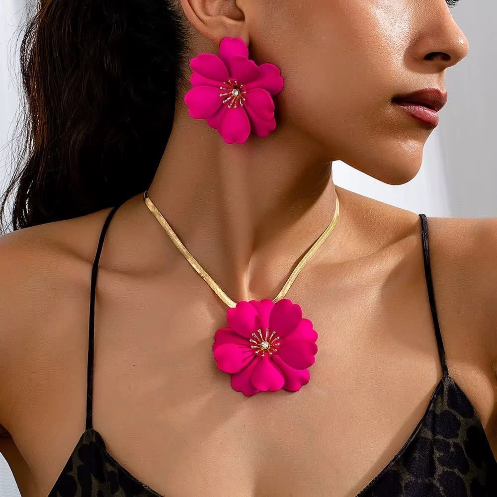 ๐ธ Collier + Boucle d'oreille- Parure Florale Rose ๐ธ