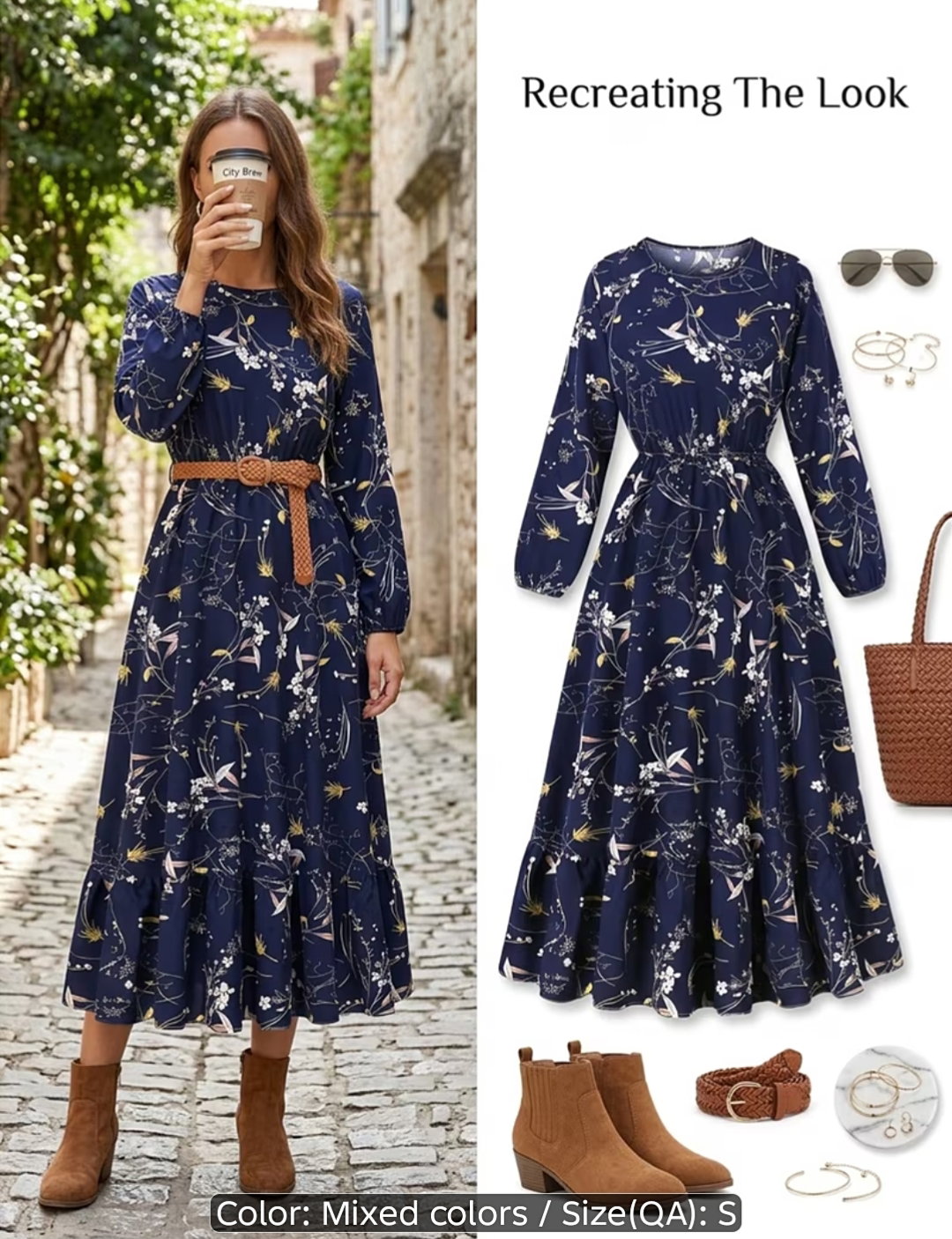 Spring and Autumn Elegant Party Casual Vacation Printed Vintage Long Sleeve Ankle-Length Dress