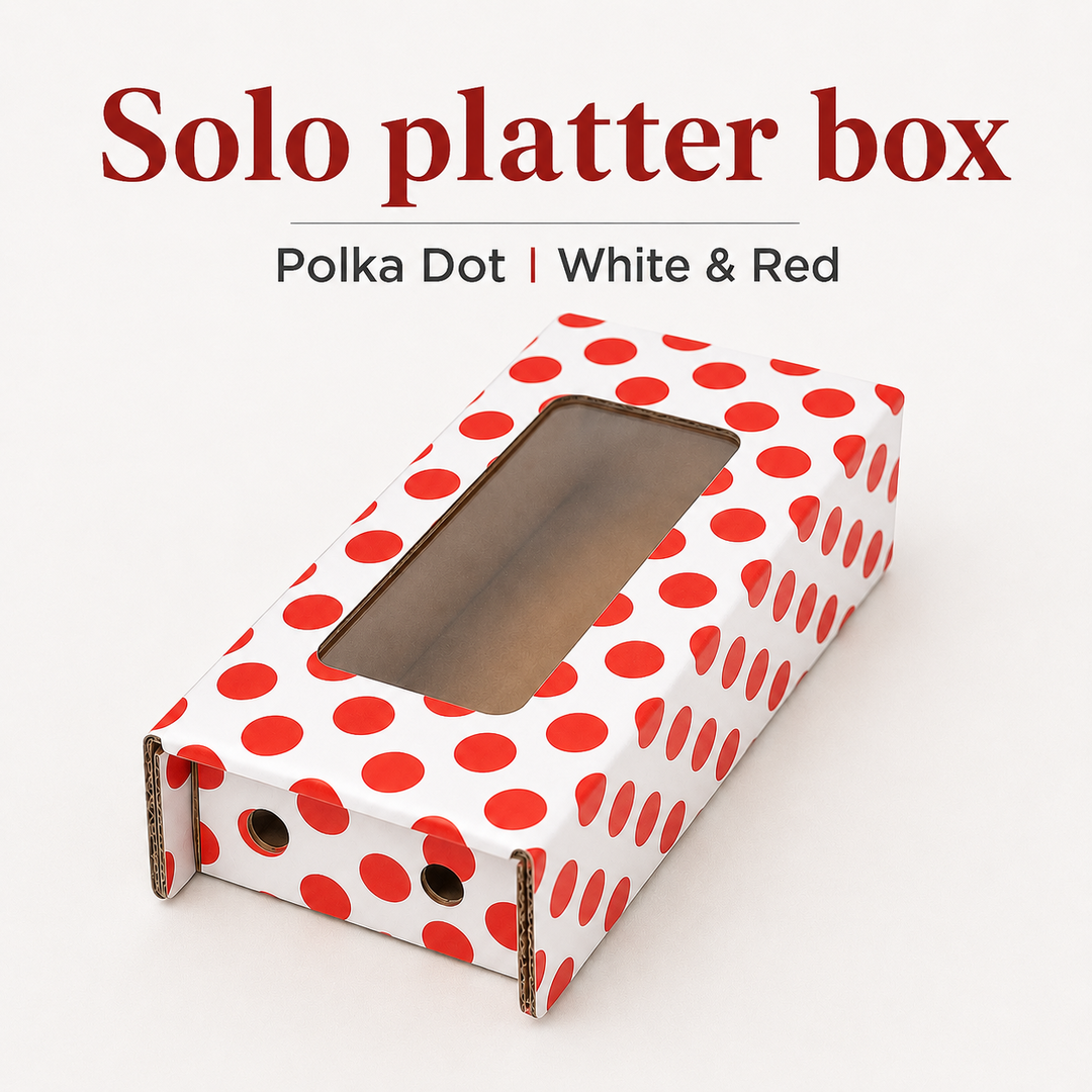 SOLO PLATTER BOXES - POLKA DOT/WHITE & RED WITH WINDOW ( Top 8.5 x 5 , Base 6 x 4 | Height 2.5”)