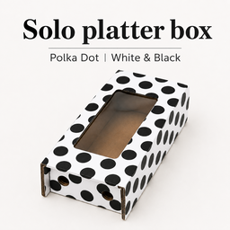 SOLO PLATTER BOXES - POLKA DOT/WHITE & BLACK WITH WINDOW ( Top 8.5 x 5 , Base 6 x 4 | Height 2.5”)