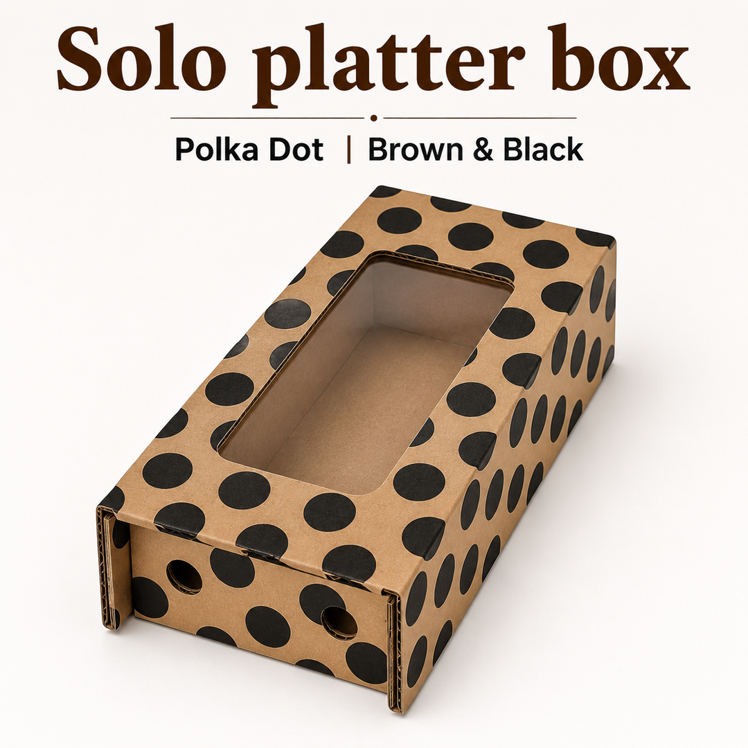 SOLO PLATTER BOXES - POLKA DOT/BROWN & BLACK WITH WINDOW ( Top 8.5 x 5 , Base 6 x 4 | Height 2.5”)