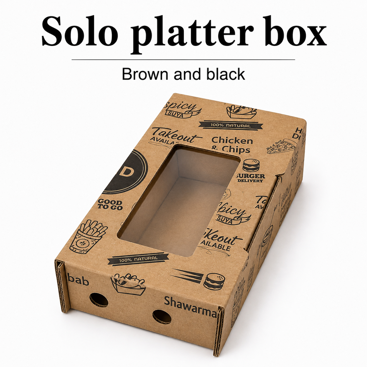 SOLO PLATTER BOXES - FOOD / BROWN & BLACK WITH WINDOW ( Top 8.5 x 5 , Base 6 x 4 | Height 2.5”)_0