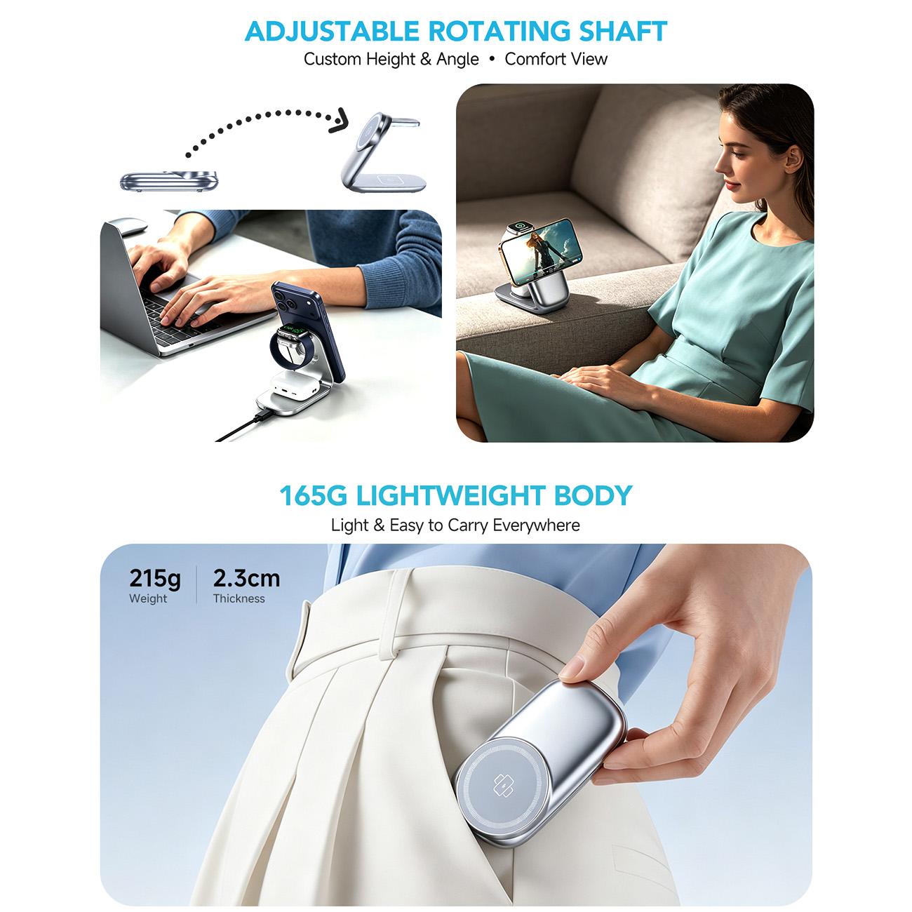 HAMTOD M72 15W Foldable 3 in 1 Magnetic Wireless Charger Stand(White)_2