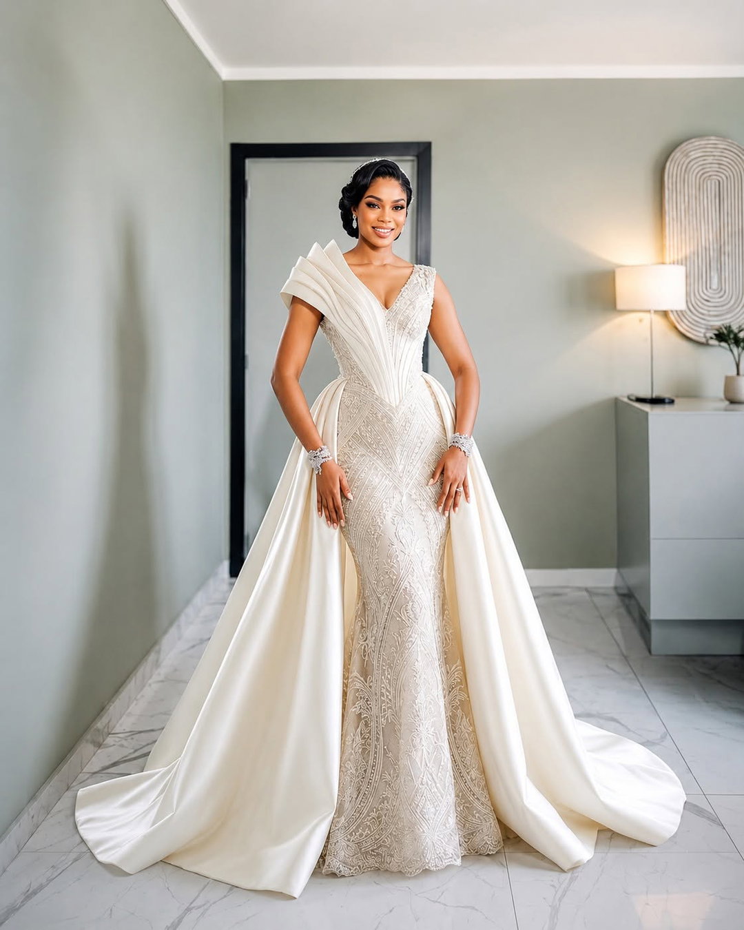 robe de mariée sirène majesté a surjupe traine blanc, casse/ivoire, satin duchesse & dentelle brodée  brodee