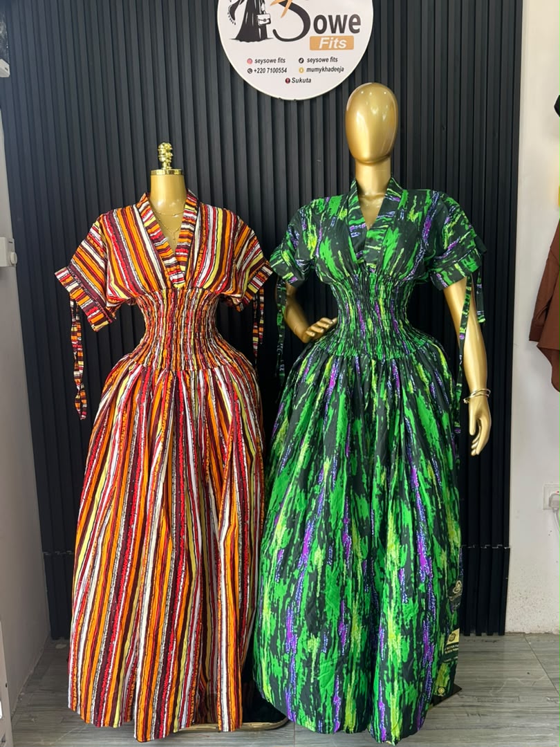 Smocked Maxi Dress (Sunset Stripe & Forest Green)_0