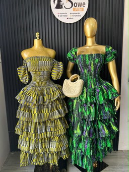 Tiered Ruffle Gown (Yellow Kente & Emerald Green)