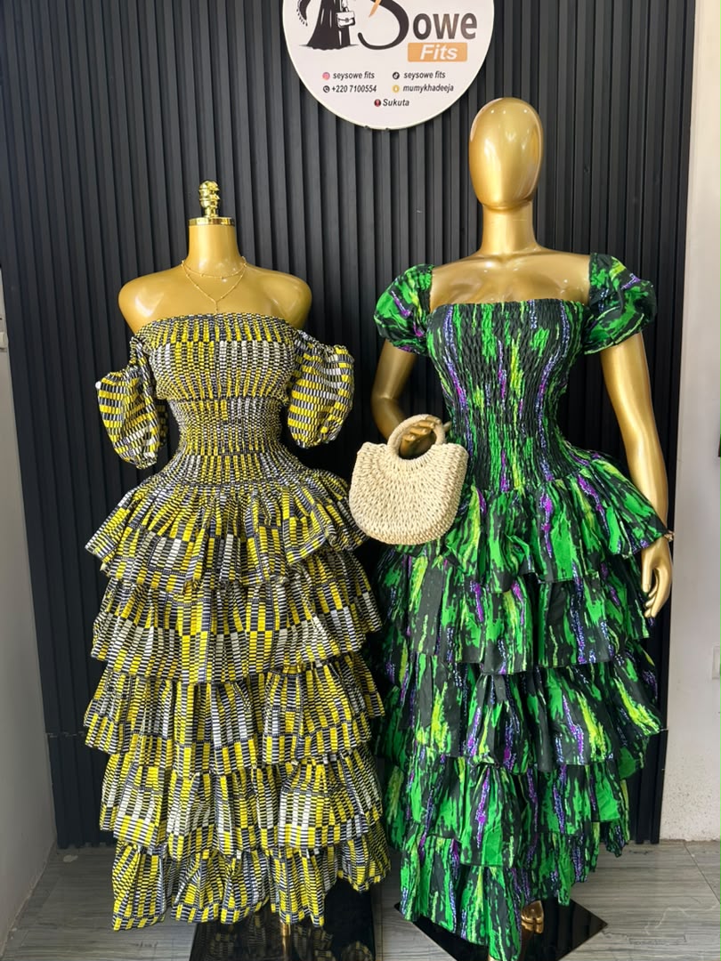 Tiered Ruffle Gown (Yellow Kente & Emerald Green)