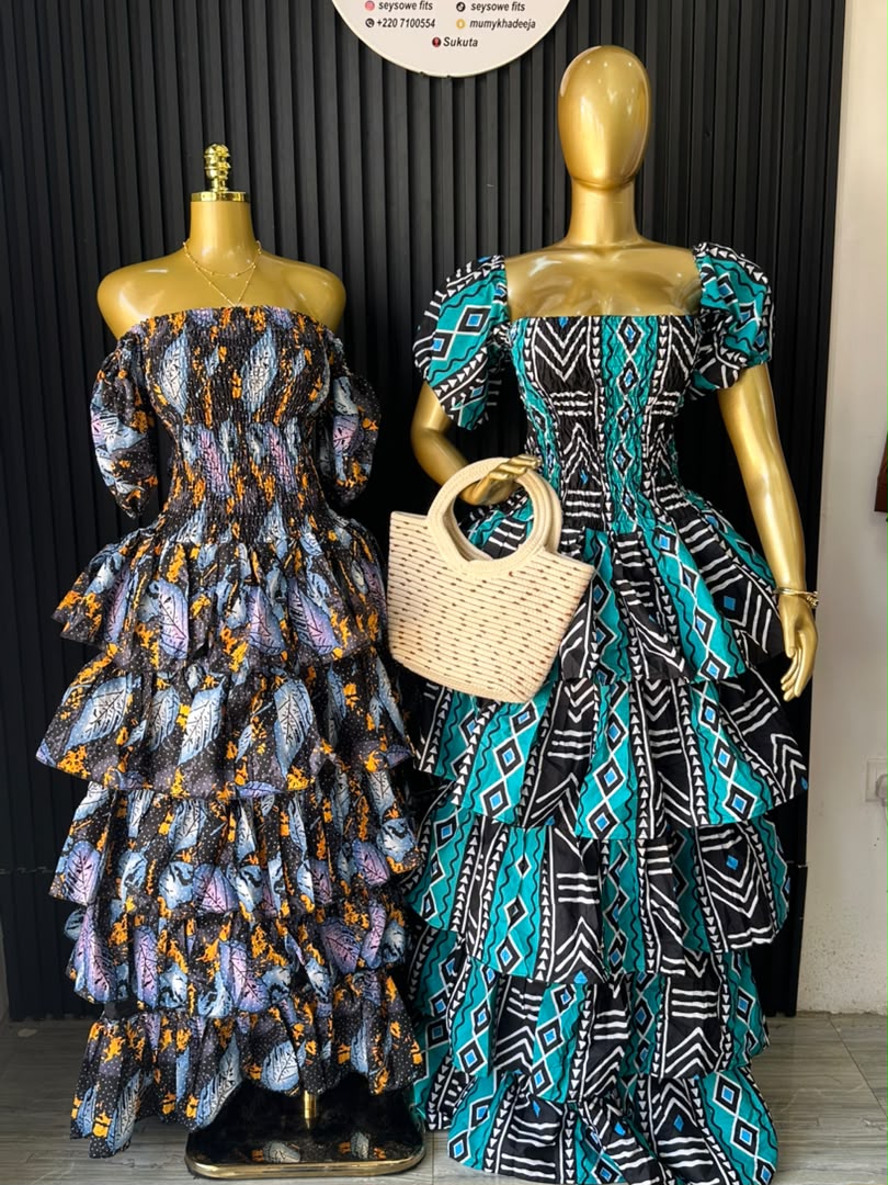 Tiered Ruffle Gown (Midnight Leaf & Teal Tribal)