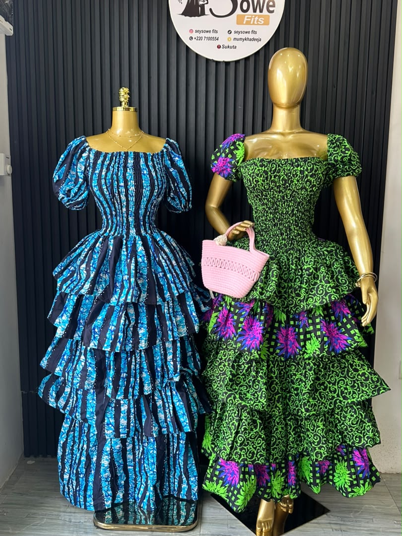 Tiered Ruffle Gown (Ocean Blue Batik & Green Vine)