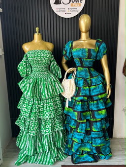 Ruffle Gown (Green Ring Print & Teal Batik)