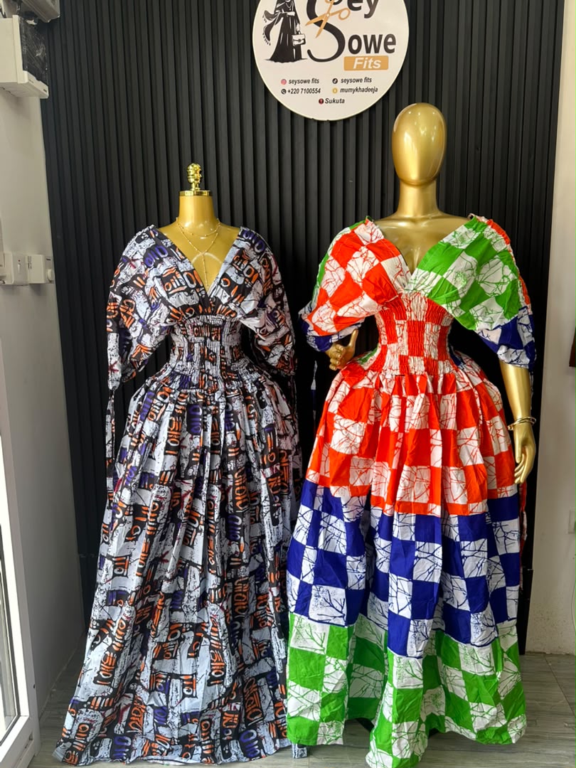 Deep V Maxi Dress (Grey Abstract & Orange Check)