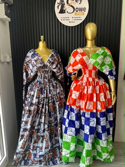 Deep V Maxi Dress (Grey Abstract & Orange Check)