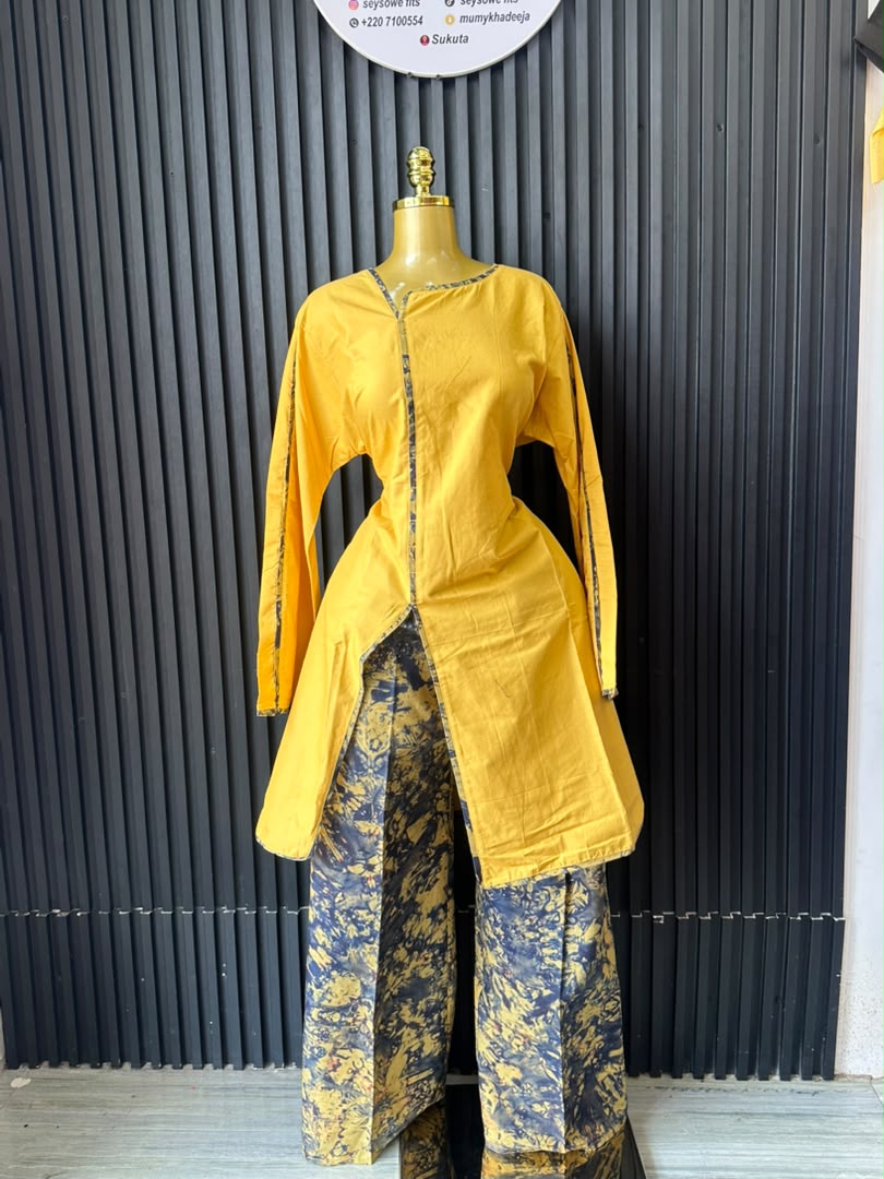 Mustard Wrap Top & Tie-Dye Wide-Leg Pant Set_0
