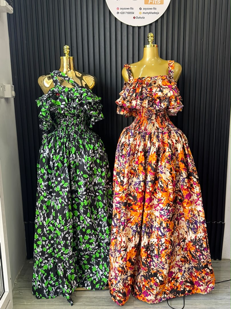 Green Floral Ruffle Gown & Orange Multicolor Ruffle Gown